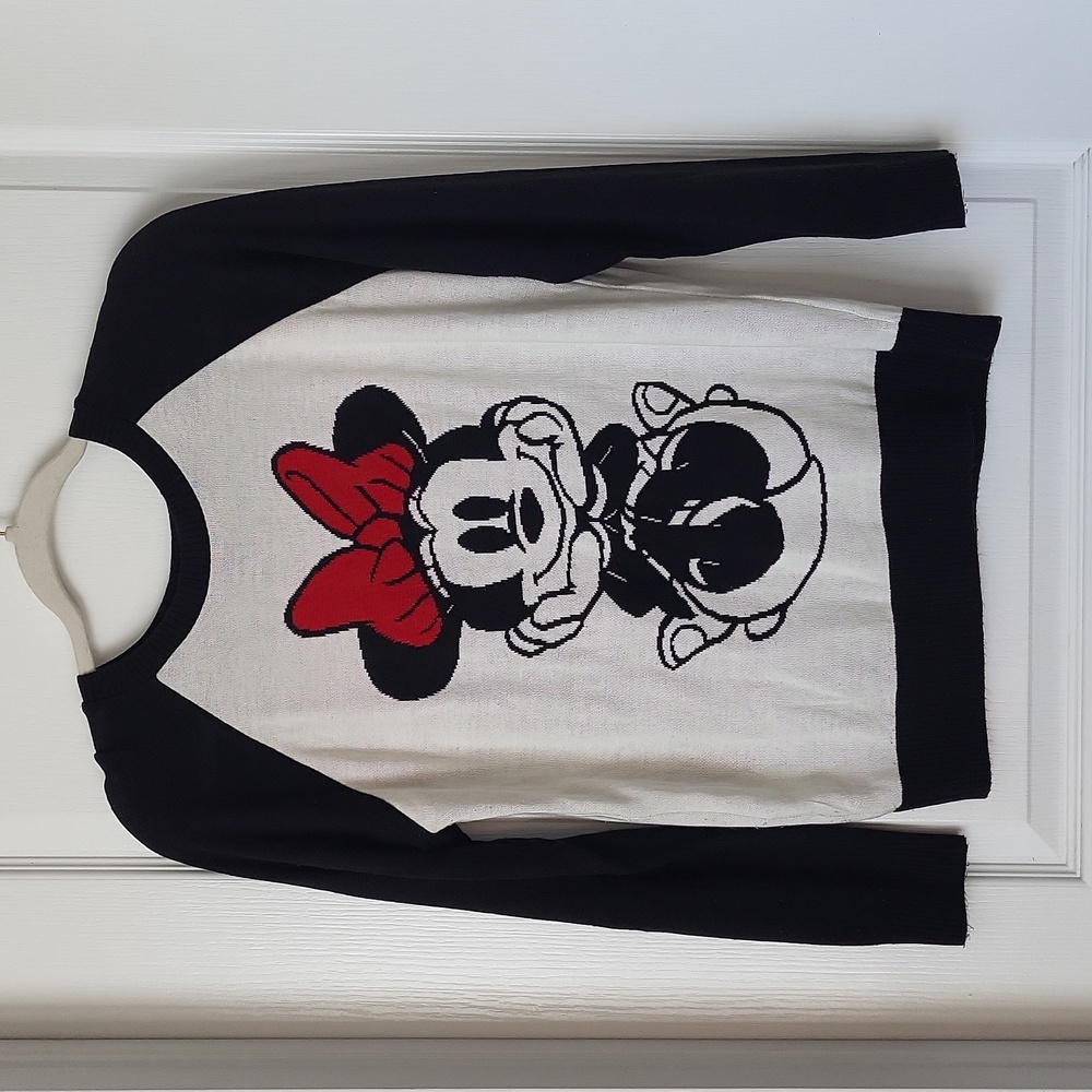 Disney Women's Black & White Minnie Mouse Sweater with Red Bow